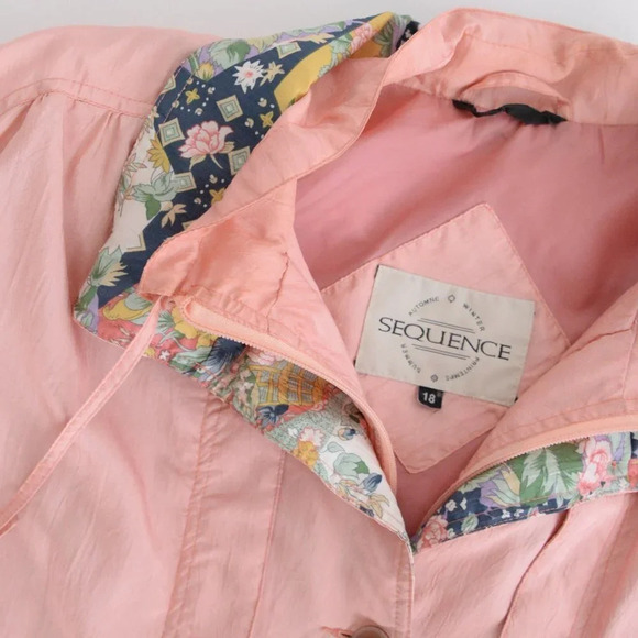 Vintage Sequence Peach Nylon w Floral Collar & Cuff Zip Up Utility Jacket 18 - Picture 11 of 12